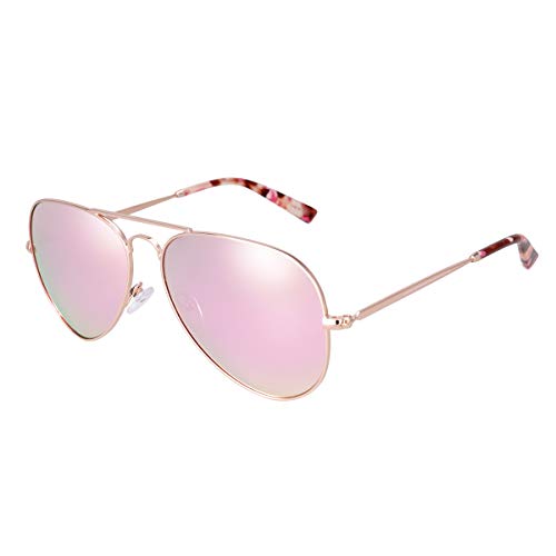 fawova Gafas Sol Aviador Mujer Polarizadas,Rosa Verde Reflejado con Montura de Metal Rosa Oro y Punta de Tortuga Rosa,Conducir, Pescar, Golf, Correr, Cat.3,UV400, 58mm(Rosa oro, Verde Rosa Espejado)