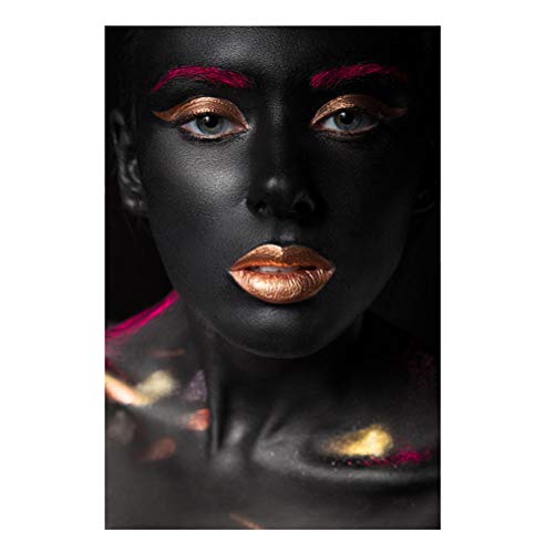 FBART Black Art Poster Arte De Pared, Maquillaje De Ojos Y Labios Rojo Dorado En La Cara De Una Niña Negra Afroamericana En Lienzo Giclee Decor, Sin Marco, 3 Piezas,30×45cm