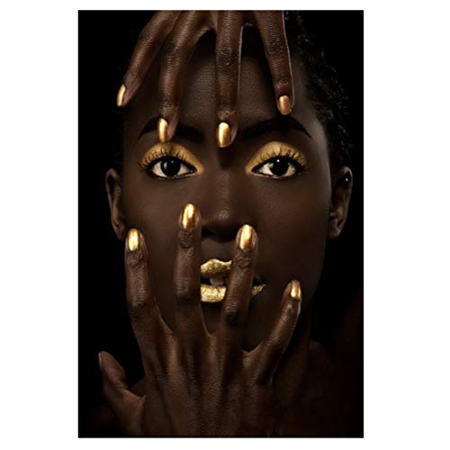 FBART Black Art Poster Arte De Pared, Maquillaje De Ojos Y Labios Rojo Dorado En La Cara De Una Niña Negra Afroamericana En Lienzo Giclee Decor, Sin Marco, 3 Piezas,30×45cm