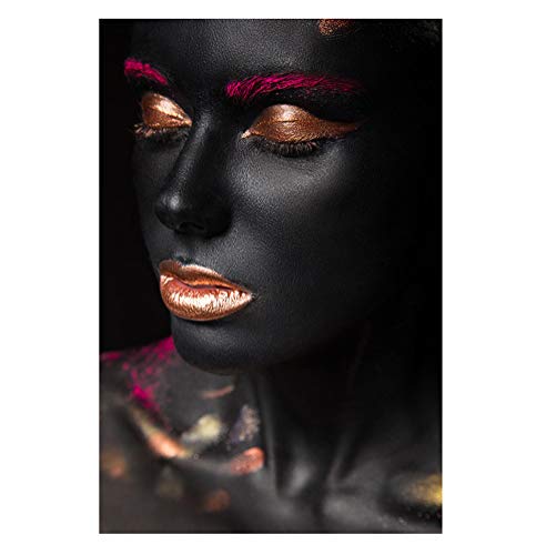 FBART Black Art Poster Arte De Pared, Maquillaje De Ojos Y Labios Rojo Dorado En La Cara De Una Niña Negra Afroamericana En Lienzo Giclee Decor, Sin Marco, 3 Piezas,30×45cm