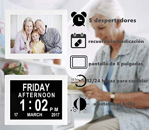Febelle Marco Reloj Digital Calendario para Fotos Vídeos música para Ancianos y Pacientes 8 Opciones de Alarmas y Recordatorios de Medicamentos (Blanco)