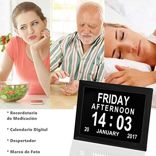 Febelle Marco Reloj Digital Calendario para Fotos Vídeos música para Ancianos y Pacientes 8 Opciones de Alarmas y Recordatorios de Medicamentos (Blanco)