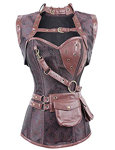 FeelinGirl Estilo de Soldado Vintage Brocado Bustier Corsé para Mujer Marrón L/Talla 36-38