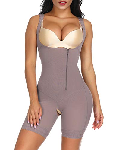 FeelinGirl Mujer Faja Reductora con Cinta Ajustable Corsé Bustier Ajustable Cremallera Shapewear Corset Waist Trainer Marrón M/Talla 36-38