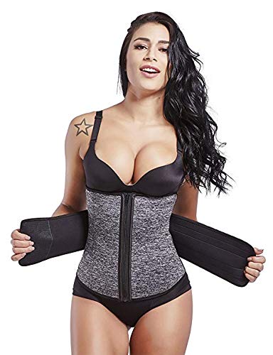 FeelinGirl Mujer Faja Reductora Postparto Neopreno Corsé Lumbar 7 Huesos con Cremallera y Velcro Waist Trainer Gris 3XL/Talla 46