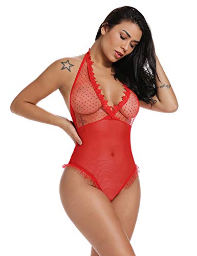 FeelinGirl Mujer Monos Éroticos Lunares Ropa Sexy de Encaje Floral Transparente Espalda Descubierta Cuello V Talla Grande Rojo L