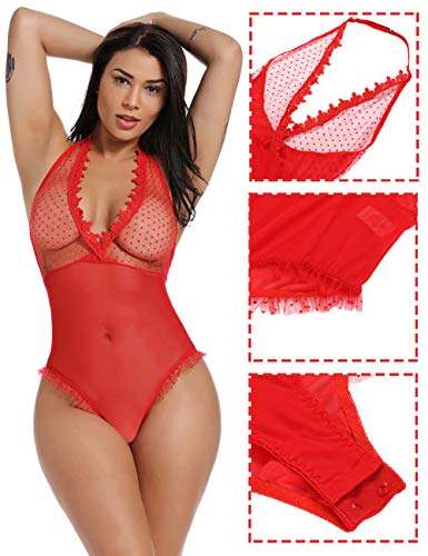 FeelinGirl Mujer Monos Éroticos Lunares Ropa Sexy de Encaje Floral Transparente Espalda Descubierta Cuello V Talla Grande Rojo L