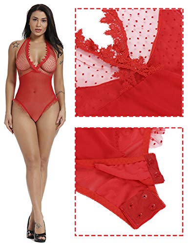 FeelinGirl Mujer Monos Éroticos Lunares Ropa Sexy de Encaje Floral Transparente Espalda Descubierta Cuello V Talla Grande Rojo L