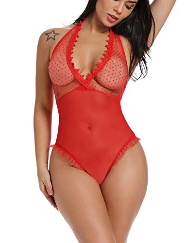 FeelinGirl Mujer Monos Éroticos Lunares Ropa Sexy de Encaje Floral Transparente Espalda Descubierta Cuello V Talla Grande Rojo L