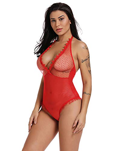 FeelinGirl Mujer Monos Éroticos Lunares Ropa Sexy de Encaje Floral Transparente Espalda Descubierta Cuello V Talla Grande Rojo L