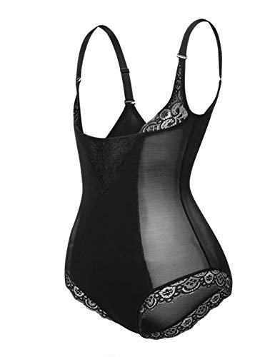 FeelinGirl Mujer Shapewear Modeladora Faja Reductora Adelgazantes Bodysuit de Cintura con Pierna Largo Dobladillo de Encaje Negro S/ES 36-38