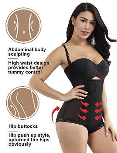 FeelinGirl Mujer Shapewear Modeladora Faja Reductora Adelgazantes Bodysuit de Cintura con Pierna Largo Dobladillo de Encaje Negro S/ES 36-38