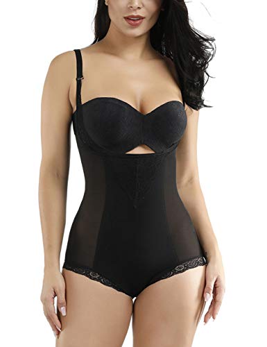 FeelinGirl Mujer Shapewear Modeladora Faja Reductora Adelgazantes Bodysuit de Cintura con Pierna Largo Dobladillo de Encaje Negro S/ES 36-38