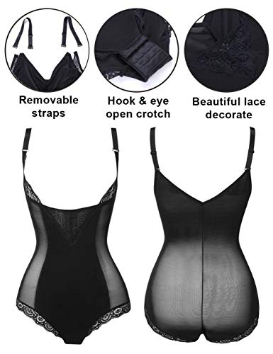 FeelinGirl Mujer Shapewear Modeladora Faja Reductora Adelgazantes Bodysuit de Cintura con Pierna Largo Dobladillo de Encaje Negro S/ES 36-38