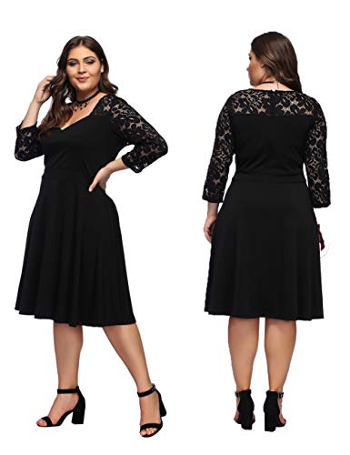 FeelinGirl Mujer Vestido de Noche Encaje Largo Traje Talla Extra Grande Cóctel de Manga Media Cuello V Cintura Alta Negro 3XL/Talla 50-52