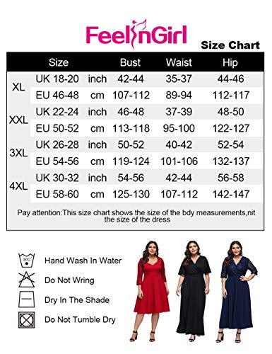 FeelinGirl Mujer Vestido de Noche Encaje Largo Traje Talla Extra Grande Cóctel de Manga Media Cuello V Cintura Alta Negro 3XL/Talla 50-52