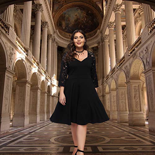 FeelinGirl Mujer Vestido de Noche Encaje Largo Traje Talla Extra Grande Cóctel de Manga Media Cuello V Cintura Alta Negro 3XL/Talla 50-52