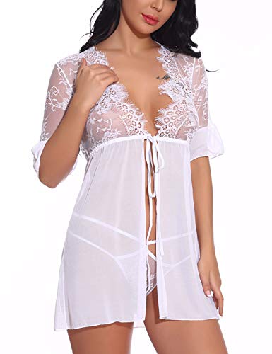 FeelinGirl Mujures Conjunto de Lencería Sexy Camisón Abierta con Lazo Ropa Erótica Encaje Blanco 44