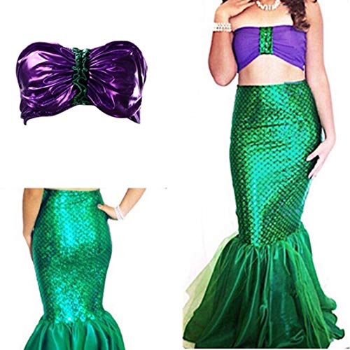 FeMereina Disfraz de Sirena Sexy para Mujer Cosplay de Halloween Lentejuelas Elegantes Vestido de Cola Larga con Panel de Malla Asimétrica para Fiesta de Disfraces (S, Púrpura+Verde)