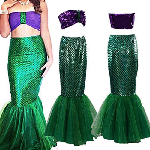 FeMereina Disfraz de Sirena Sexy para Mujer Cosplay de Halloween Lentejuelas Elegantes Vestido de Cola Larga con Panel de Malla Asimétrica para Fiesta de Disfraces (S, Púrpura+Verde)
