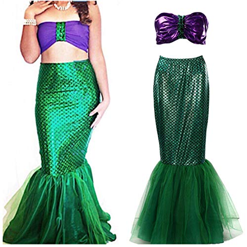 FeMereina Disfraz de Sirena Sexy para Mujer Cosplay de Halloween Lentejuelas Elegantes Vestido de Cola Larga con Panel de Malla Asimétrica para Fiesta de Disfraces (S, Púrpura+Verde)