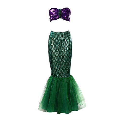 FeMereina Disfraz de Sirena Sexy para Mujer Cosplay de Halloween Lentejuelas Elegantes Vestido de Cola Larga con Panel de Malla Asimétrica para Fiesta de Disfraces (S, Púrpura+Verde)