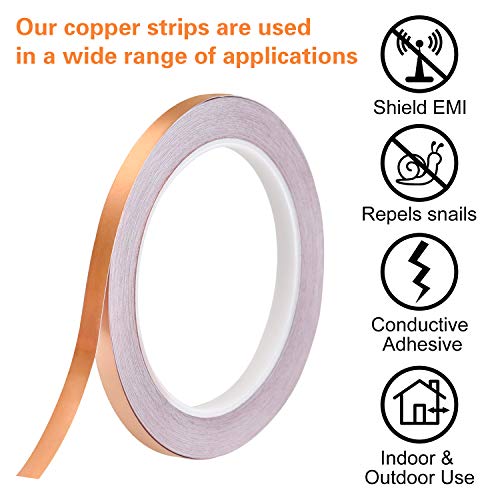 FEPITO lámina de cobre (0.24inch x 66 pies) para Guitarra y blindaje EMI, Slug Repelente, Stained Glass, manualidades, reparaciones eléctricas, de puesta a tierra adhesiva conductora, 2Rolls