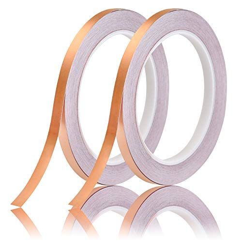 FEPITO lámina de cobre (0.24inch x 66 pies) para Guitarra y blindaje EMI, Slug Repelente, Stained Glass, manualidades, reparaciones eléctricas, de puesta a tierra adhesiva conductora, 2Rolls