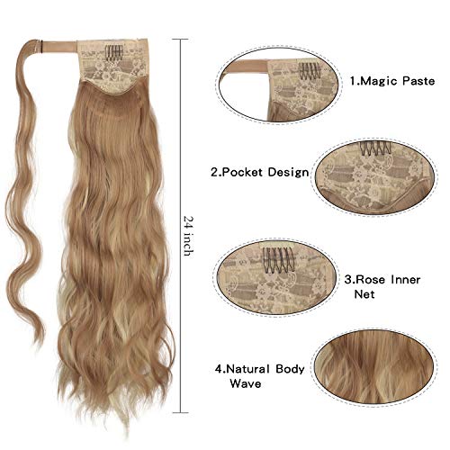 FESHFEN Coleta Postiza Rizada Pelo Natural, 60 cm Largo Ondulado Wavy Ponytail Extension Cola de Caballo Extensiones Clip Postizos de Pelo Rizado para Mujeres Chica