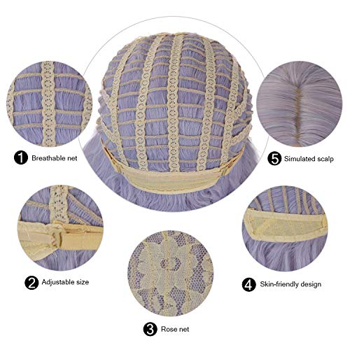 FESHFEN Pelucas Bob Cortas Pelo Natural Onduladas Púrpura Claro, 36 cm Short Bob Wig Cosplay Parte Halloween Pelucas Mujer Niña Peluca Sintética Curly Wavy Wigs