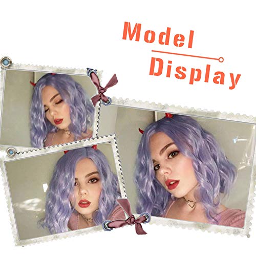 FESHFEN Pelucas Bob Cortas Pelo Natural Onduladas Púrpura Claro, 36 cm Short Bob Wig Cosplay Parte Halloween Pelucas Mujer Niña Peluca Sintética Curly Wavy Wigs