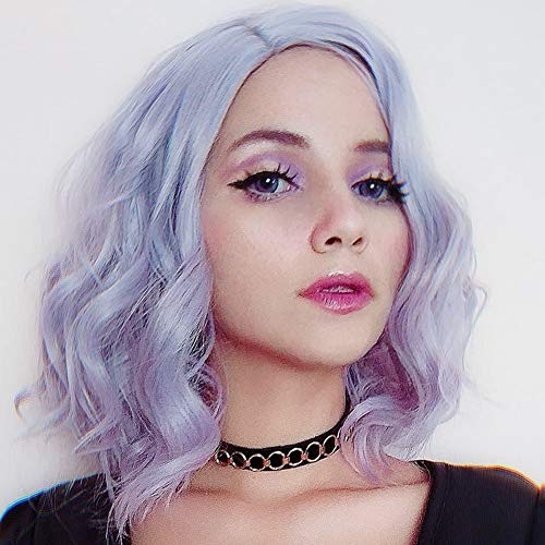 FESHFEN Pelucas Bob Cortas Pelo Natural Onduladas Púrpura Claro, 36 cm Short Bob Wig Cosplay Parte Halloween Pelucas Mujer Niña Peluca Sintética Curly Wavy Wigs