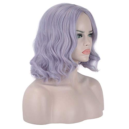 FESHFEN Pelucas Bob Cortas Pelo Natural Onduladas Púrpura Claro, 36 cm Short Bob Wig Cosplay Parte Halloween Pelucas Mujer Niña Peluca Sintética Curly Wavy Wigs