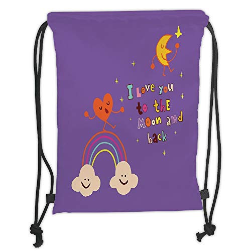 Fevthmii Drawstring Backpacks Bags,I Love You,Love Bugs Heart Singing Over Rainbow Moon Dancing with Scars Heart Beats Cartoon Decorative,Violet Soft Satin,5 Liter Capacity,Adjustable Strin