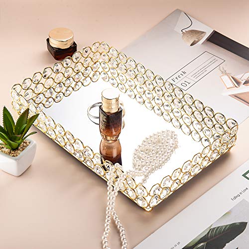 Feyarl - Bandeja rectangular de cristal con espejo para perfumes, bandeja de cosméticos, bandeja para joyas, bandeja decorativa para decoración del hogar, 30 x 20 cm (dorado)
