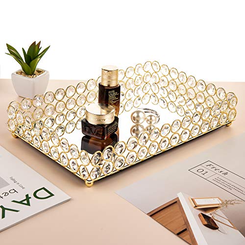 Feyarl - Bandeja rectangular de cristal con espejo para perfumes, bandeja de cosméticos, bandeja para joyas, bandeja decorativa para decoración del hogar, 30 x 20 cm (dorado)