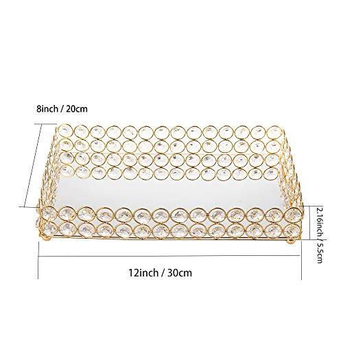 Feyarl - Bandeja rectangular de cristal con espejo para perfumes, bandeja de cosméticos, bandeja para joyas, bandeja decorativa para decoración del hogar, 30 x 20 cm (dorado)