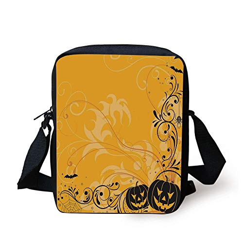 FFLISHD Halloween Decorations,Carved Pumpkins with Floral Patterns Bats and Webs Horror Artwork,Orange Black Print Kids Crossbody Messenger Bag Purse