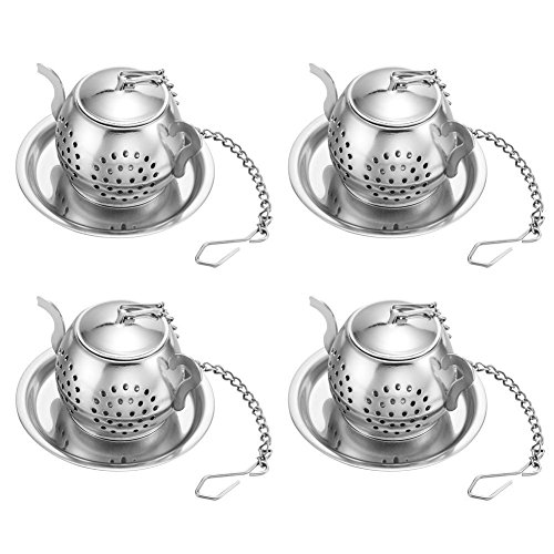 Filtro infusor del colador del té de la hoja floja del acero inoxidable del infusor del té con las cadenas y las bandejas antigoteo Filtro del colador Infuser para las tazas de té, tazas (4)