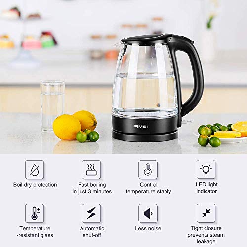 FIMEI Hervidor de Agua Eléctrico 1,7L, Hervidor de Cristal, Cierre Automático Libre de BPA con LED 2200W, Sistema de Protección contra la Ebullición en Seco, Ebullición Rápida y Silenciosa