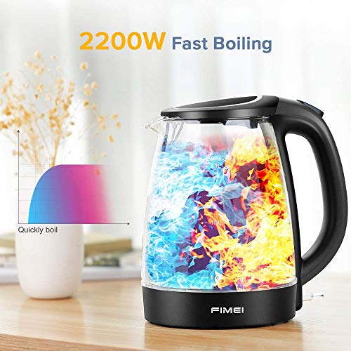 FIMEI Hervidor de Agua Eléctrico 1,7L, Hervidor de Cristal, Cierre Automático Libre de BPA con LED 2200W, Sistema de Protección contra la Ebullición en Seco, Ebullición Rápida y Silenciosa