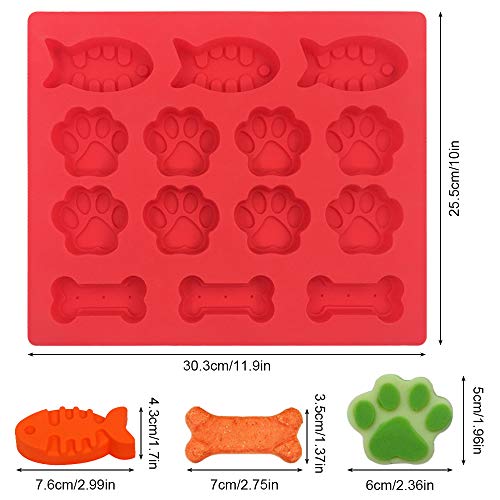 FineGood Moldes de silicona para caramelo de silicona de 3 piezas, Pez & Cachorro de pata & forma de hueso, Bandejas de cubitos de hielo galletas Moldes para hornear - Rojo, Púrpura, Rosa
