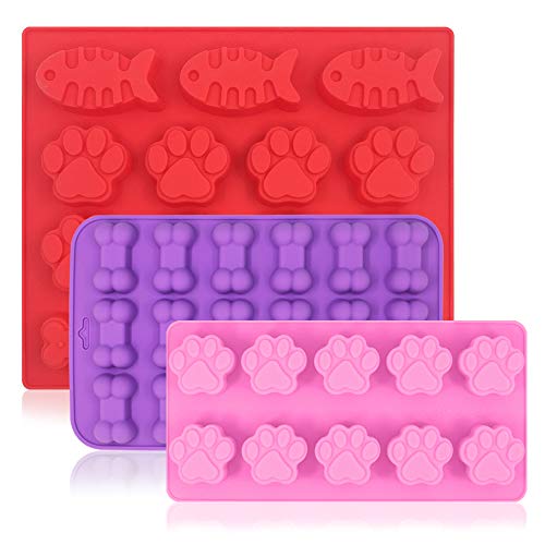 FineGood Moldes de silicona para caramelo de silicona de 3 piezas, Pez & Cachorro de pata & forma de hueso, Bandejas de cubitos de hielo galletas Moldes para hornear - Rojo, Púrpura, Rosa