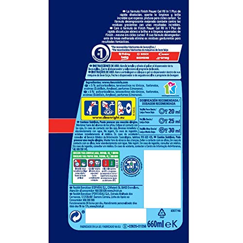 Finish All in 1 Max Power Gel Limón Desengrasante Detergente Gel para el Lavavajillas, 2 unidades - 100 lavados