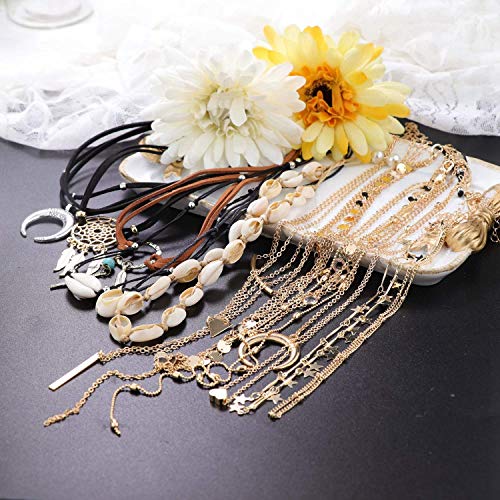 Finrezio 12 Piezas Gargantilla Concha De Estrella Gargantillas Hechas a Mano Bohemio Marrón Oscuro Gargantillas De Cuero Conjunto De Collares De Oro para Mujeres Adolescentes