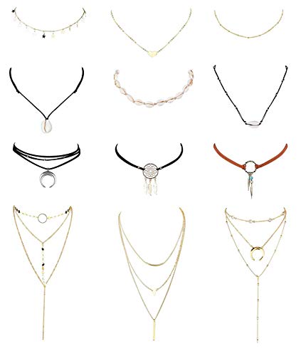 Finrezio 12 Piezas Gargantilla Concha De Estrella Gargantillas Hechas a Mano Bohemio Marrón Oscuro Gargantillas De Cuero Conjunto De Collares De Oro para Mujeres Adolescentes