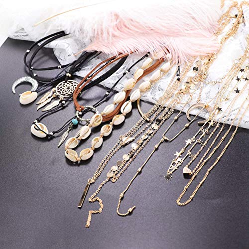 Finrezio 12 Piezas Gargantilla Concha De Estrella Gargantillas Hechas a Mano Bohemio Marrón Oscuro Gargantillas De Cuero Conjunto De Collares De Oro para Mujeres Adolescentes