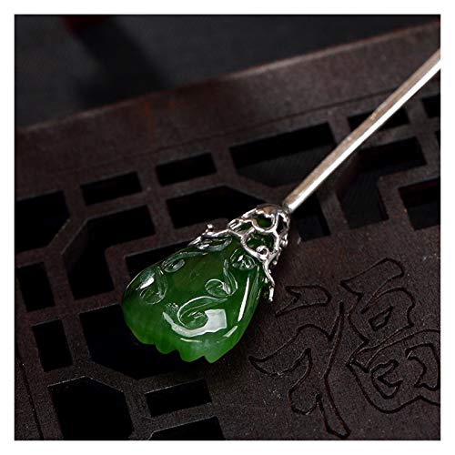 Fioerwe Horquilla China Pelo de la Vendimia Sticks Natural de la joyería de Jade de Hetian del Pelo de Las Horquillas de Plata esterlina for Las Mujeres Accesorios for el Cabello (Gem Color : Green)