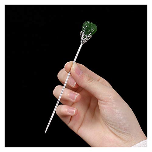 Fioerwe Horquilla China Pelo de la Vendimia Sticks Natural de la joyería de Jade de Hetian del Pelo de Las Horquillas de Plata esterlina for Las Mujeres Accesorios for el Cabello (Gem Color : Green)