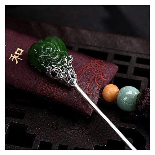 Fioerwe Horquilla China Pelo de la Vendimia Sticks Natural de la joyería de Jade de Hetian del Pelo de Las Horquillas de Plata esterlina for Las Mujeres Accesorios for el Cabello (Gem Color : Green)
